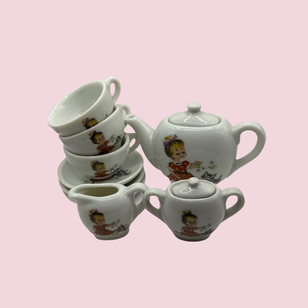 Vintage Made in Japan Porcelain Miniature Child’s Tea Set - Girl w/ Kitten - Teapot, Sugar, Creamer, Plates & Cups, Vintage Doll Tea Set