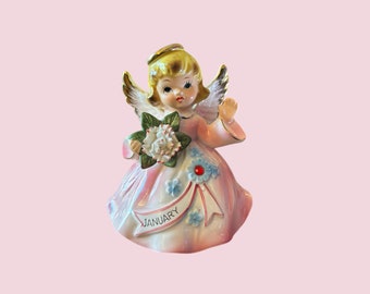 Figurine ange de janvier Lefton vintage en robe rose, ange d'anniversaire de janvier vintage, figurine ange kitsch vintage, bibelot vintage