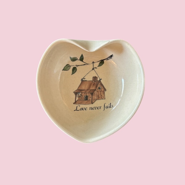 Vintage Yesteryears Pottery Marshall Texas Trinket Dish w/ Bird House “Love Never Fails”, Vintage Pottery Trinket Dish, Vintage Ring Dish