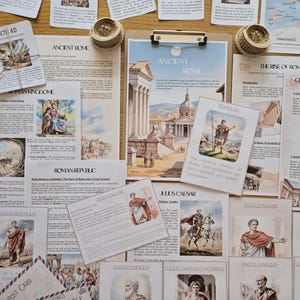 Può includere: Una collezione di materiali didattici sull'Antica Roma, tra cui cartoline, schede informative e pagine stampate. Gli elementi sono disposti su una superficie di legno, alcuni appesi a una corda. La tavolozza dei colori comprende beige, marrone e tocchi di rosso e blu.