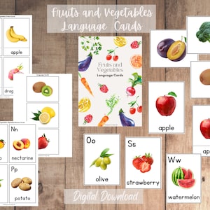 Frutas y verduras: tarjetas Montessori de 3 partes y tarjetas fonéticas del alfabeto