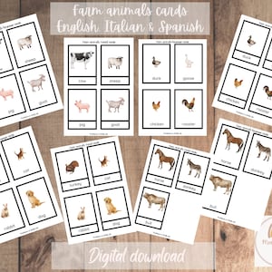 Animais de fazenda Eng, It, Es, Fr, De - Cartões de idiomas Montessori - Aquarela, Safari Ltd e Schleich Images