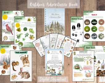 May include: A collection of nature-themed educational materials, including a spiral-bound book and various activity sheets. The sheets feature illustrations of birds, leaves, animal tracks, and small mammals. The text "Outdoor Adventures Book" is at the top.
