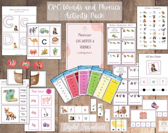 May include: A CVC words and phonics activity pack featuring educational worksheets, letter tracing cards, decoding cards, and word builder sheets with colourful illustrations of animals, food, and objects, labelled as a digital download.