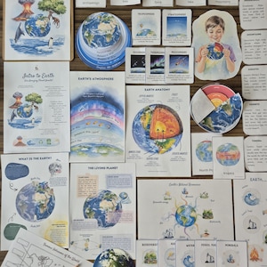 Puede incluir: Materiales educativos sobre la Tierra, incluyendo diagramas de la atmósfera, anatomía y recursos naturales. La imagen presenta tarjetas con paisajes, un globo terráqueo y el texto "Intro to Earth".