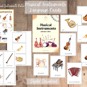 Montessori Language Cards - Musical Instruments 5 languages En, Es It Fr De with FREE POSTER - Safari Ltd TOOBS Images