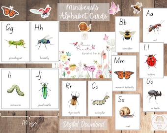 Minibeasts Alphabet Cards + Montessori 3-part cards 5 languages Eng, Fr, De, Es, It