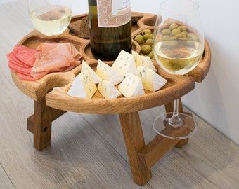 Oak Outdoor wine table 13,8 (35cm) inches  - wood serving platter - personalized picnic table - cheese board - wooden plate