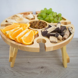 Outdoor wine table 13,8 (35cm) inches - wood serving platter - personalized picnic table - cheese board - wooden snack plate