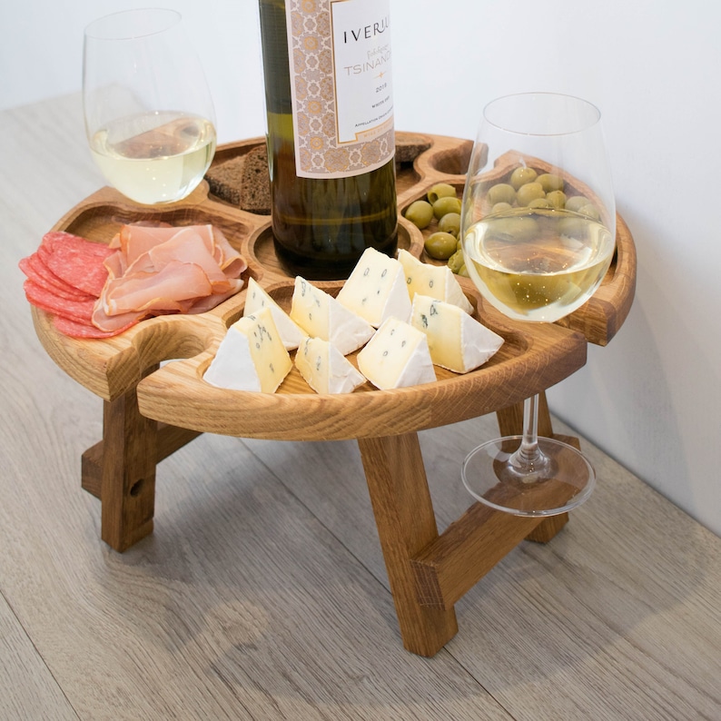 Oak Outdoor wine table 13,8 35cm inches wood serving platter personalized picnic table cheese board wooden plate image 1