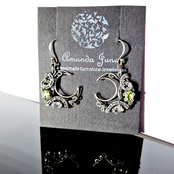 Peridot and Rose Quartz Sterling Silver Wire Wrapped Cresent Moon Earrings  Weaved Gift Boxed Crystal Ladies  Gifts For Her Valentines