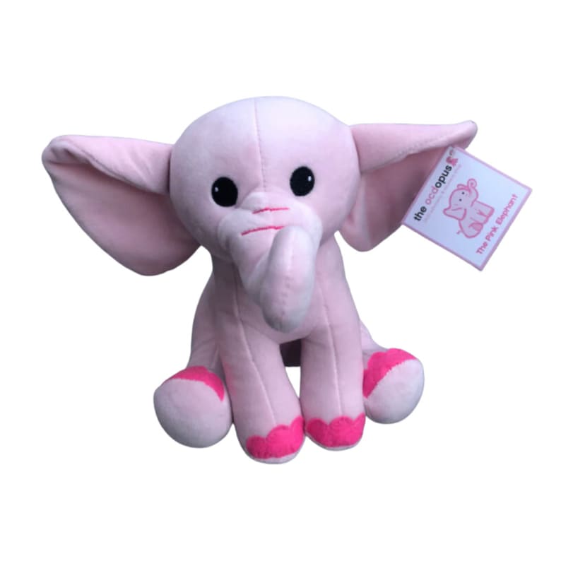 May include: Pink plush elephant toy sitting with its legs crossed. The elephant has large ears, a pink trunk, and black eyes. The toy has a tag that says "the octopus" and "The Pink Elephant!"