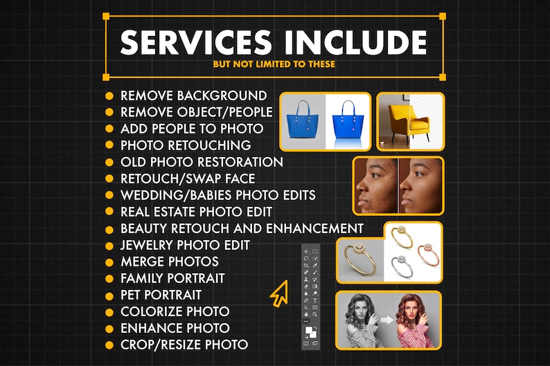 May include: A list of photo editing services offered, including removing backgrounds, objects, and people, adding people to photos, retouching, restoring old photos, swapping faces, editing wedding and baby photos, real estate photo editing, beauty retouching and enhancement, jewelry photo editing, merging photos, creating family and pet portraits, colorizing photos, enhancing photos, and cropping and resizing photos.