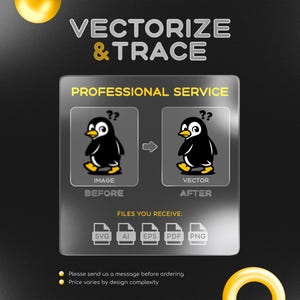 May include: Graphic showing a penguin before and after vectorization, with the text "VECTORIZE & TRACE" and "PROFESSIONAL SERVICE." Includes file format icons: SVG, AI, EPS, PDF, and PNG. The background is black with gold accents.