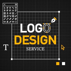 May include: A white grid with a white box containing the text "LOGO DESIGN SERVICE" in yellow and white. A pen tool is hovering over the "O" in "LOGO" and a cursor is in the bottom right corner of the box.