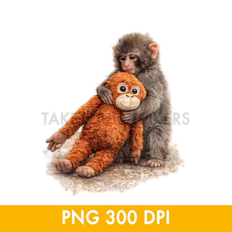 May include: A watercolor illustration of two monkeys. One gray monkey hugs an orange plush monkey. The plush monkey has large, round eyes and a smiling face. The image is on a white background with the text "PNG 300 DPI" in a yellow banner.