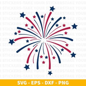 Puede incluir: Gráfico de un diseño de fuegos artificiales en rojo, blanco y azul. El diseño presenta líneas curvas que irradian desde un punto central, con estrellas en los extremos de las líneas. La parte inferior de la imagen tiene el texto "SVG - EPS - DXF - PNG".