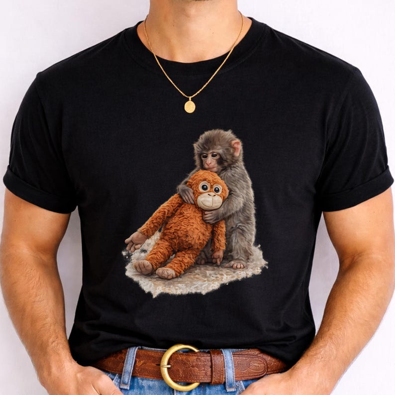 May include: Black t-shirt featuring a detailed illustration of a gray monkey hugging an orange stuffed monkey. The design is printed on a black t-shirt, creating a striking contrast. The image is centered on the shirt.