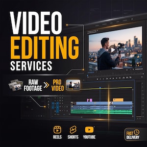 Könnte beinhalten: Eine digitale Grafik für Videobearbeitungsdienste mit dem Text "VIDEO EDITING SERVICES" und "RAW FOOTAGE > PRO VIDEO". Das Layout zeigt eine Benutzeroberfläche einer Videobearbeitungssoftware mit einer Timeline, einem Vorschaufenster und Symbolen für Reels, Shorts und YouTube.