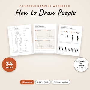 May include: A printable drawing workbook titled How to Draw People, featuring 34 pages, 12 lessons, and PDF or PNG formats for print or tablet. The workbook includes instructional pages on drawing figures, sitting on a bench, and carrot people.