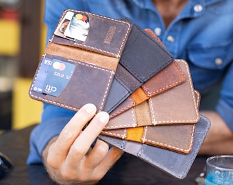 Minimalistisk läderplånbok, läderplånbok med bifold-motiv, smal läderplånbok med bifold-motiv, personlig läderplånbok med ID-kort