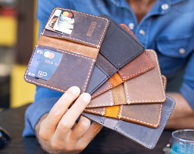Minimalist Leather Wallet, Leather Bifold Wallet, Distressed Leather Slim Bifold Wallet, Groomsmen Wallet  Personalized Leather ID Wallet