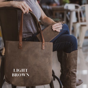 Leather Tote Bag Christmas SALE, Leather Anniversary Gift for Women, Personalized Leather Laptop Work Student Bag, Tote with Pocket Light Brown