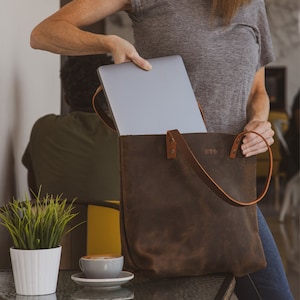 Leather Tote Bag Christmas SALE, Leather Anniversary Gift for Women, Personalized Leather Laptop Work Student Bag, Tote with Pocket image 1