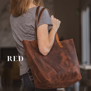 Leather Tote Bag For Women, Leather Shoulder Bag With Pockets, Anniversary Gift for Women, Laptop Work Student Bag, gift for her Red