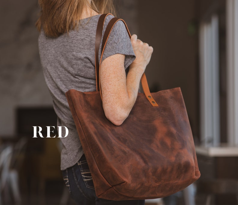 Leather Tote Bag For Women, Leather Shoulder Bag With Pockets, Anniversary Gift for Women, Laptop Work Student Bag, gift for her Red