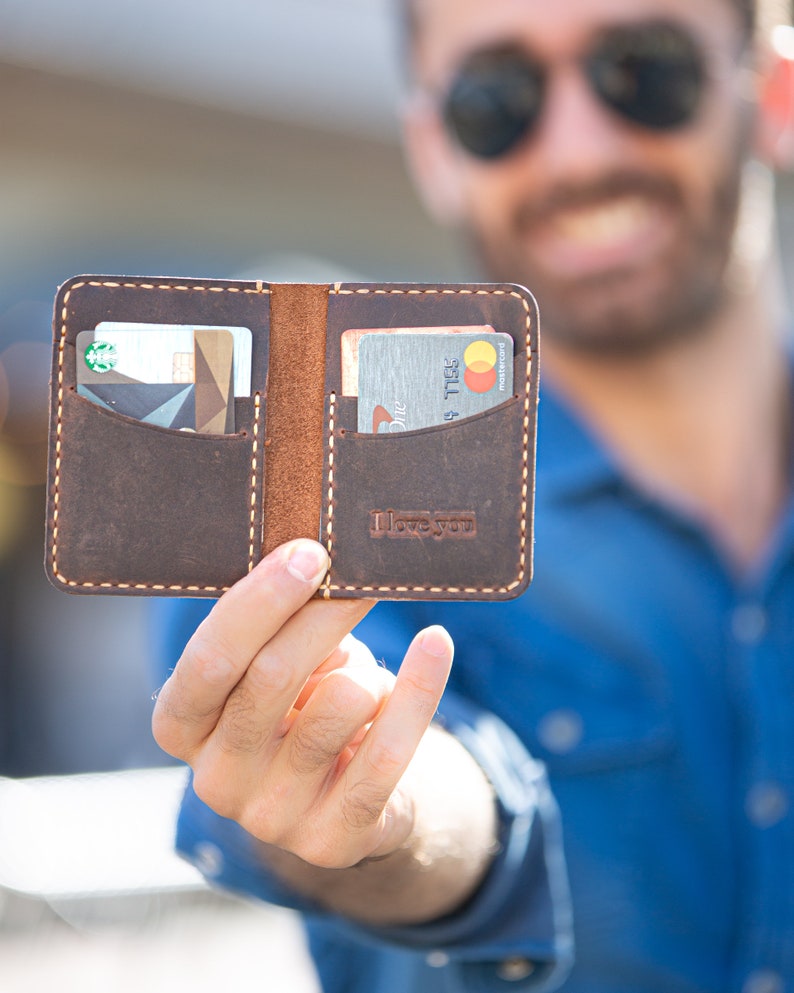 Slim Leather Wallet, Personalized Card Holder, Slim Anniversary Wallet, Monogrammed wallet for him, Minimalist Mens wallet image 6