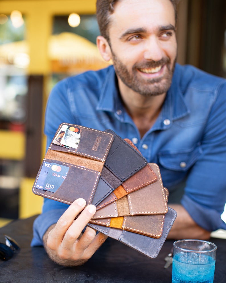 Slim Leather Wallet, Personalized Card Holder, Slim Anniversary Wallet, Monogrammed wallet for him, Minimalist Mens wallet image 2