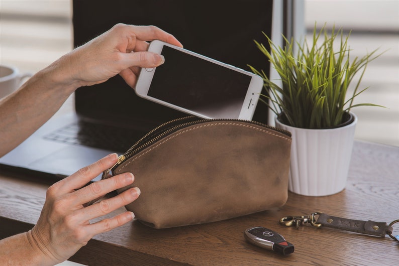 May include: A brown leather zippered pouch with a gold zipper. A hand is placing a white smartphone into the pouch. A white potted plant with green leaves is in the background.
