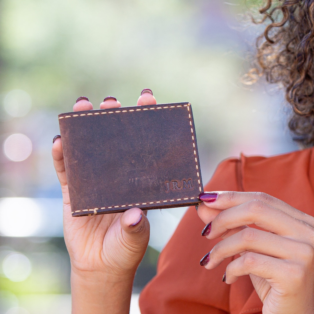 Mens Bifold Leather Wallet, Personalized Classic Bifold Wallet, Slim