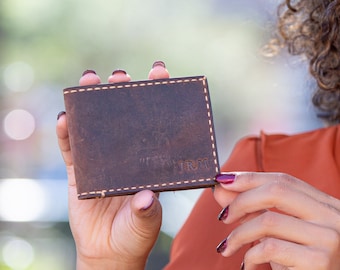 Personalized Mens Leather Bifold Wallet, Slim Minimalist Handmade Wallet