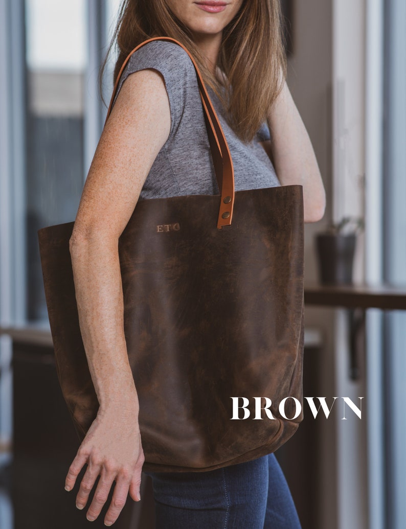 Leather Tote Bag For Women, Leather Shoulder Bag With Pockets, Anniversary Gift for Women, Laptop Work Student Bag, gift for her Brown