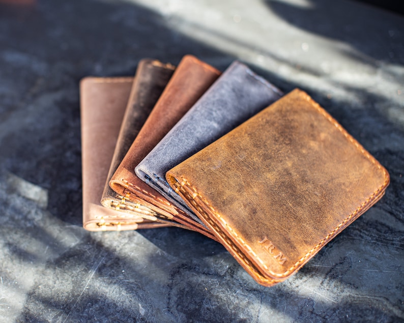Slim Leather Wallet, Personalized Card Holder, Slim Anniversary Wallet, Monogrammed wallet for him, Minimalist Mens wallet image 4