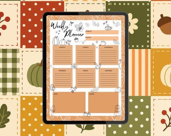 May include: A tablet displaying a digital weekly planner template with a light orange background, featuring sections for each day of the week, notes, and quotes, decorated with line art of pumpkins, leaves, acorns, and mugs.