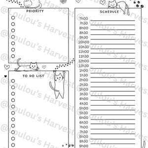 Peut inclure: Une page de planificateur quotidien en noir et blanc avec des illustrations de chats, des empreintes de pattes, des feuilles et des cœurs. La mise en page comprend des sections Priorité, Liste de tâches et un emploi du temps de 7h00 à 9h00.