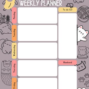 Cute Cat Weekly Planner | Printable PDF Organizer | Kawaii Kitty To-Do List | Digital Download