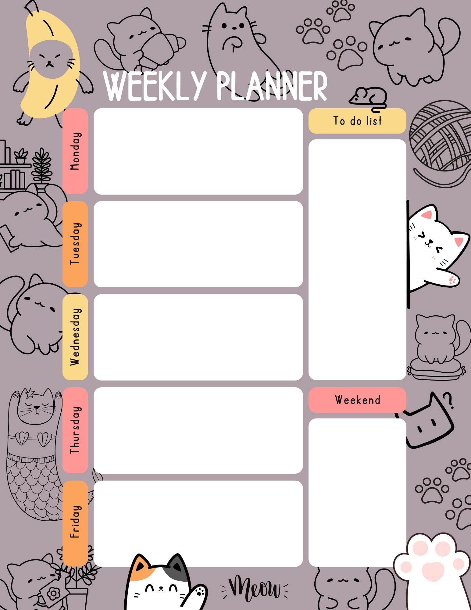 Cute Cat Weekly Planner | Printable PDF Organizer | Kawaii Kitty To-do ...