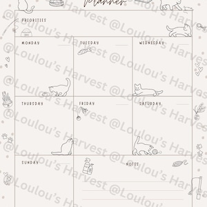 Puede incluir: Un planificador semanal beige con ilustraciones de gatos. El planificador presenta secciones para cada día de la semana, con dibujos de gatos y el texto "WEEKLY Planner". Incluye espacio para prioridades y notas, con corazones decorativos.