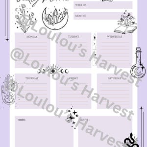 Mystical Weekly Planner Printable – Witchy Moon and Crystal Weekly Schedule – Instant Digital Download PDF