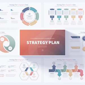 Puede incluir: Un conjunto de nueve diapositivas para una presentación de plan estratégico. Las diapositivas presentan varios diseños de infografías, incluidos círculos, hexágonos y flechas. Las diapositivas están en un esquema de color azul claro y rosa.