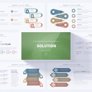 May include: A presentation slide deck with the word "SOLUTION" in large green letters on a green background. The slides feature various charts, graphs, and diagrams with a blue, green, and orange color scheme.
