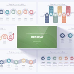 May include: A set of nine infographic slides with a roadmap theme. Each slide features a different design with circles, arrows, and lines to represent steps in a process. The slides are designed to be used in presentations or reports.