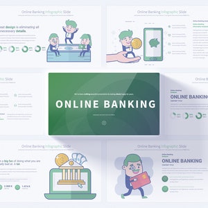 May include: A presentation slide deck with illustrations of people using online banking services. The text "ONLINE BANKING" is featured on multiple slides. The slides include charts, graphs, and icons.