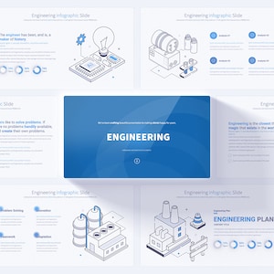 Könnte beinhalten: Ein Präsentationsfoliensatz mit blauem und weißem Farbschema. Der Titel der Präsentation lautet "Engineering". Die Folien enthalten Illustrationen von Industrieanlagen und Text über den Ingenieurberuf.
