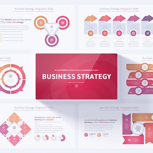Op de afbeelding: Een presentatie diadeck met de titel "Business Strategy" in vetgedrukt rood. De dia's bevatten verschillende infographic-elementen, waaronder cirkels, pijlen en vierkanten, met verschillende kleuren en pictogrammen. De dia's zijn ontworpen om bedrijven te helpen bij het ontwikkelen en implementeren van hun strategieën.