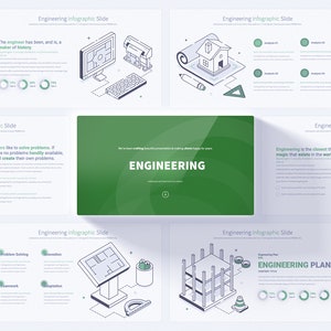 Könnte beinhalten: Eine grüne und weiße Infografik-Präsentation zum Thema Ingenieurwesen. Die Präsentation enthält Illustrationen eines Hauses, eines Computers, einer Maschine und eines im Bau befindlichen Gebäudes. Der Text auf den Folien enthält die Wörter "Ingenieurwesen", "Ingenieurplan" und "Problemlösung".